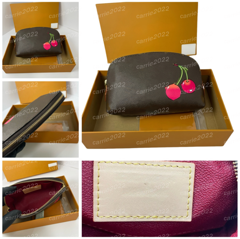 Fashion Mirror quality cherry cosmetic pouch cosmetic bags wallets luxury mens womens bag Highs quality letter zipper coin purse checked card holder