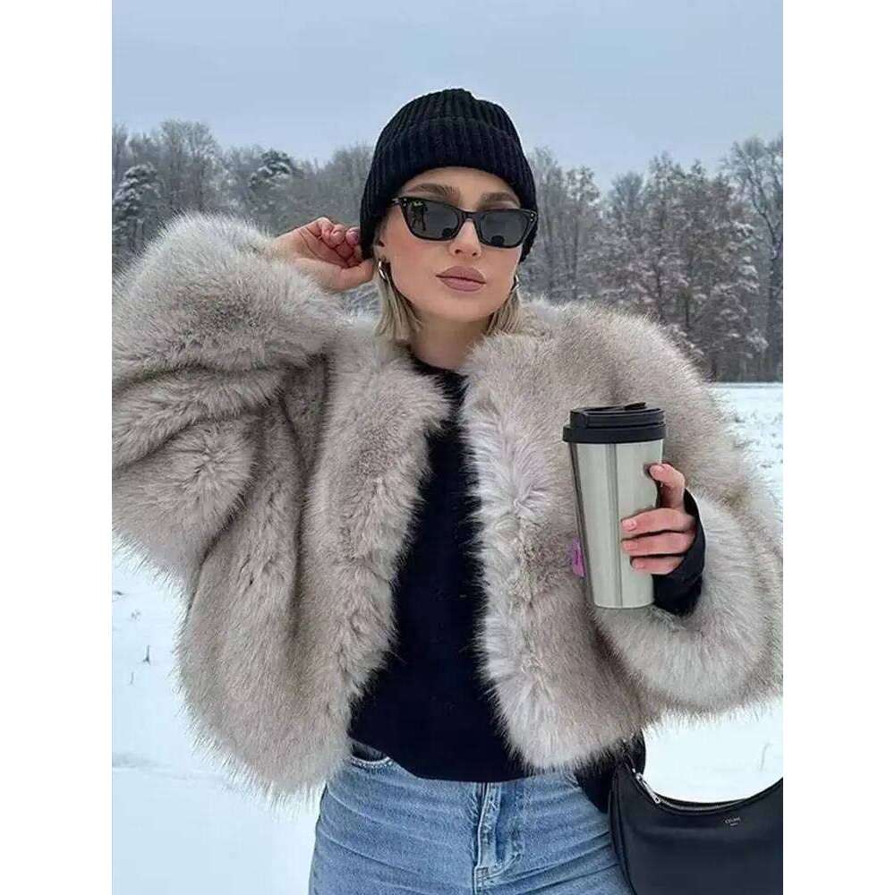Designer Clothing 2025 Winter Streetwear Faux Fur Effect Short Jacket Coat Retro Solid Color O Neck Longsleeve Women's Loose Thermal Top