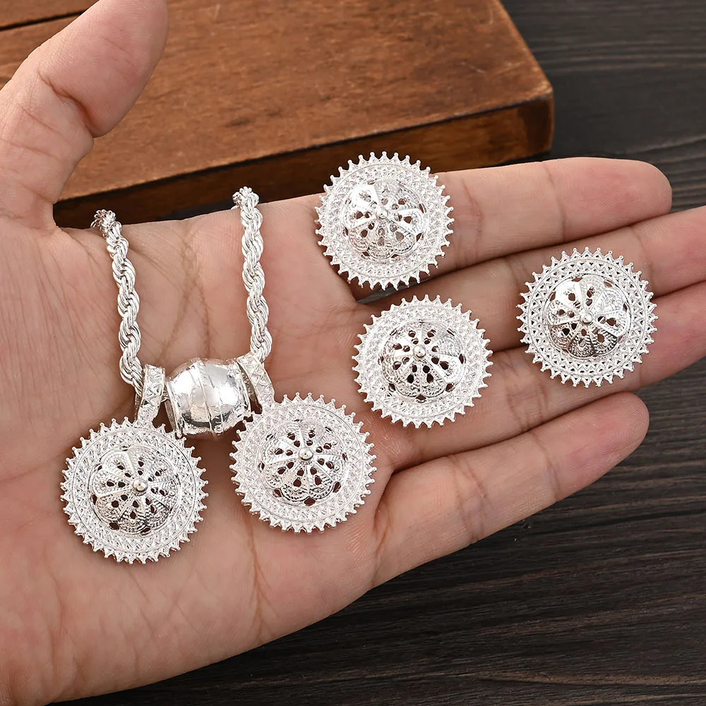 Silver Color -Sale Set Necklace Earring Free Size Ring Arab Habesha Jewelry Eritrean Holiday Wedding Paday Gifts 250618