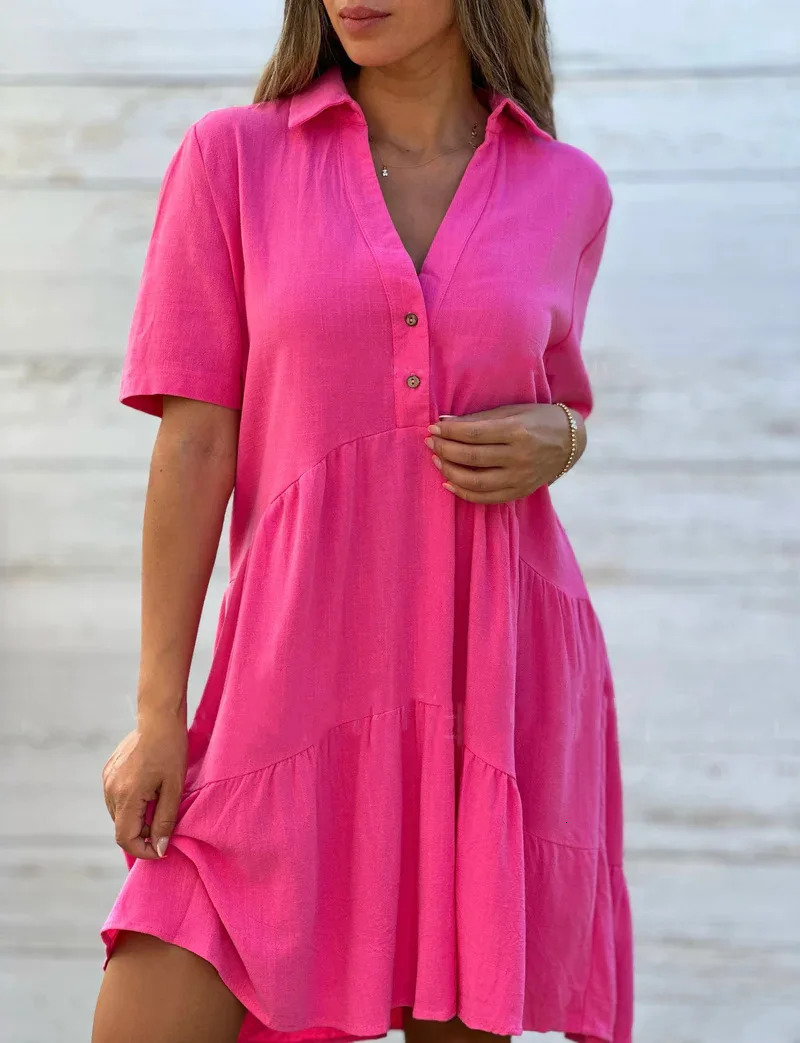 Fashion Short Sleeve White Cotton Linen Dress Women Summer Loose Casual Buttons Comfortable Dresses For Women Robe Femme 250614