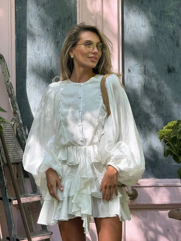 Elegant Solid Layered High Waist Mini Vestidos Women Chic Long Sleeve See Through Ruffles Single Breasted Dress Street Wear250616