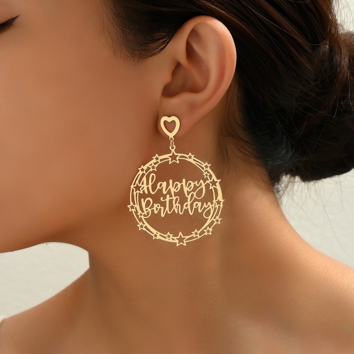 American Style Simple Metal Blessing Letter Large Hoop Heart Design Elegant Exaggerated Stud Drop Earrings