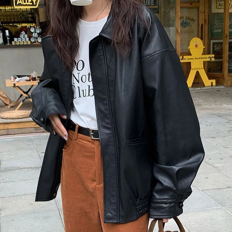 Gidyq Vintage Women Pu Leather Jacket Casual High Street Moto Biker Techwear Coat Oversized Leather Fall Black Cropped Outerwear 250614