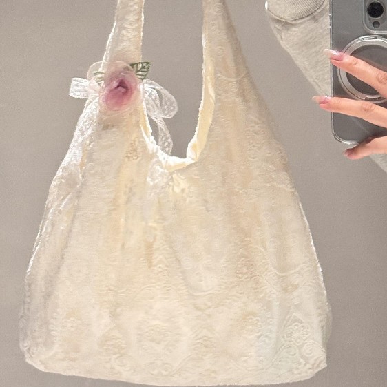 Spring and Summer New Shopping Bags Lace Flower Canvas Bag Korean-style Gentle Vacation Large-capacity Single-shoulder Tote Bag