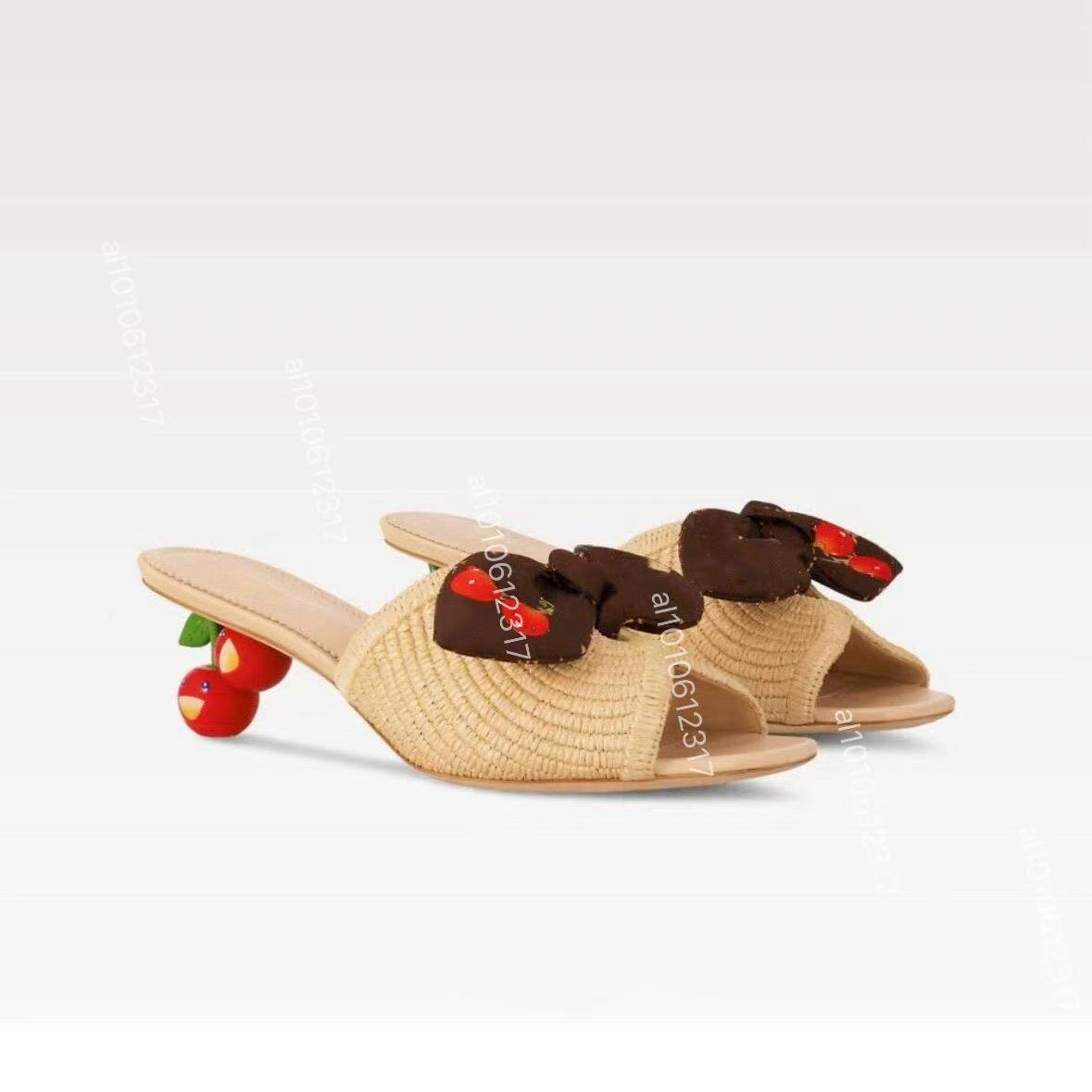 Cherry heel Designer denim heels sandals summer beach sandal slides denim sandals high heels mules printing slippers kitten heels slipper flats mule