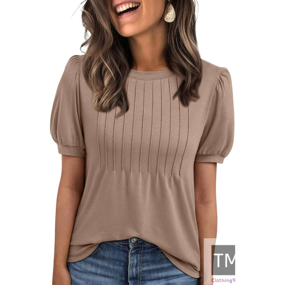 Womens Tops Short Sleeve T-Shirts Blouses Dressy Casual Business Puff Pleated Summer Fashion 2025 Basic Comfy Clothes-image-1064650818