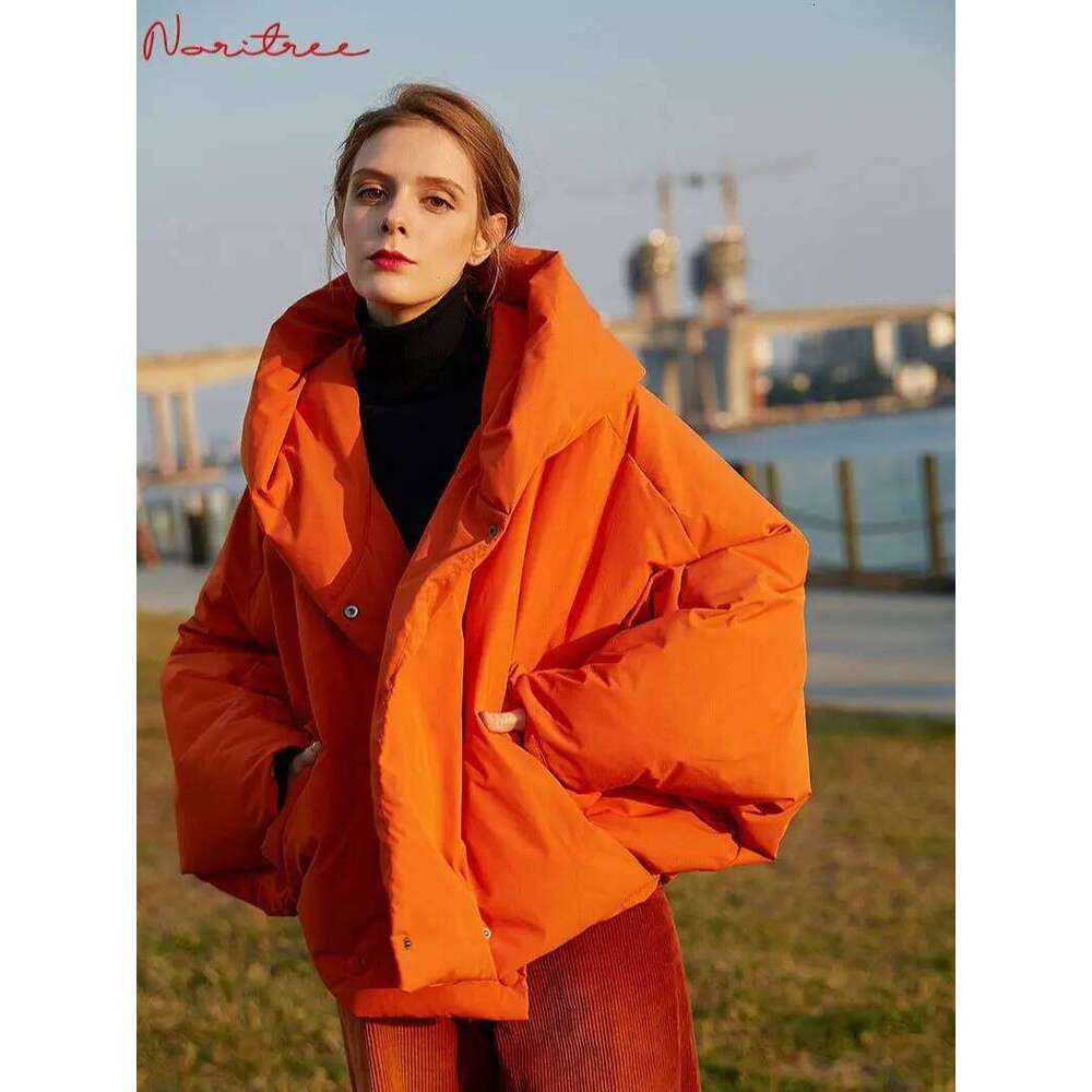 Winter Women's Parkas Fashion Tide Loose Fluffy Orange Red Oversized Down Jacket New Hooded Long Sleeve Warm Coats F2531
