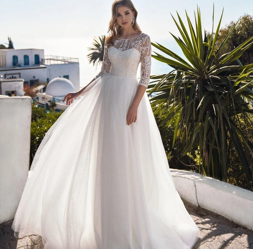 Customized Shiny Half Sleeve Lace Wedding Dresses A Line Appliques Sequins Beaded Tulle Boho Bride Gowns