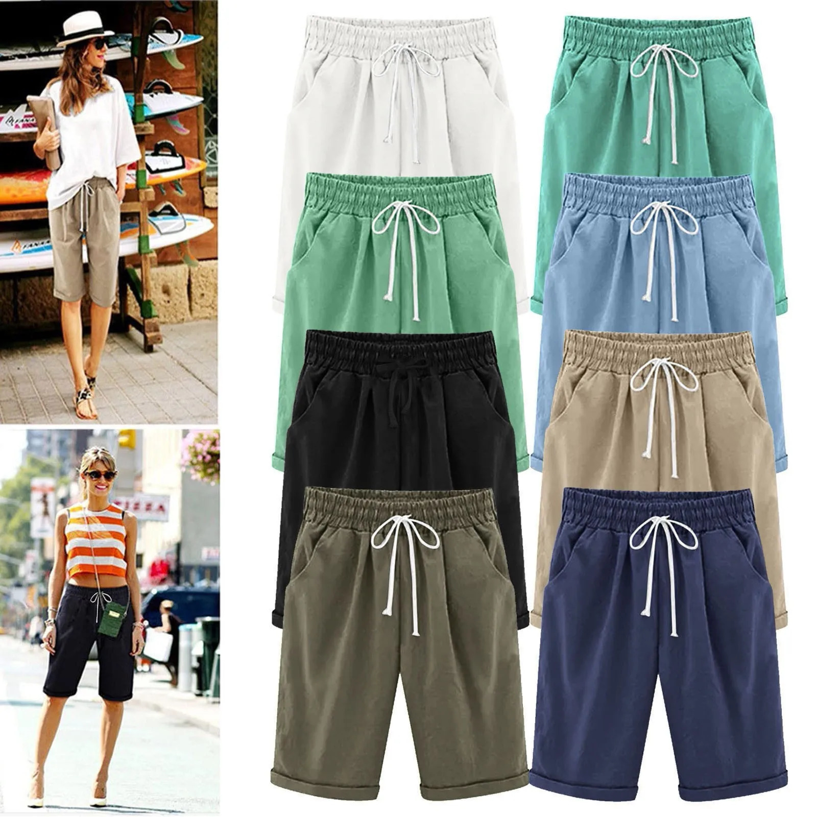 Five Point Pants For Women Summer Cotton Pants Plus Size High Waisted Shorts Lacing Beach Trousers Knee Length Workout Pocket 250619