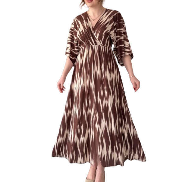 New Summer Printed Fashion Loose Comfortable V-Neck Dress With Slit Long Skirt B5