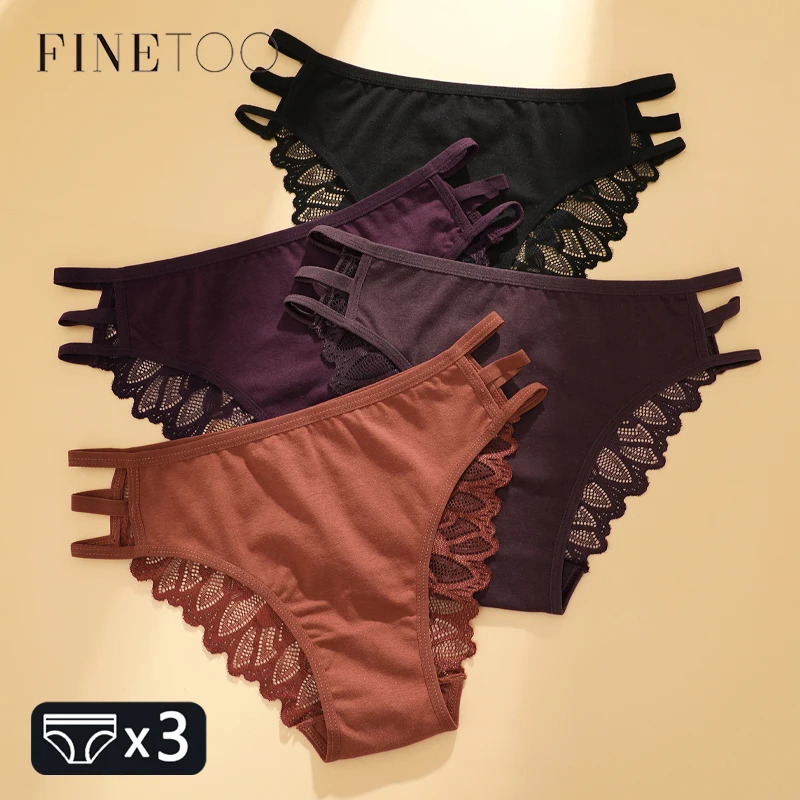 FINETOO 3Pcs Womens Three Belts Underwear Sexy Lace Hollow Out Panties Female Low-Waist Breathable Briefs Stretch Soft Lingerie 250617