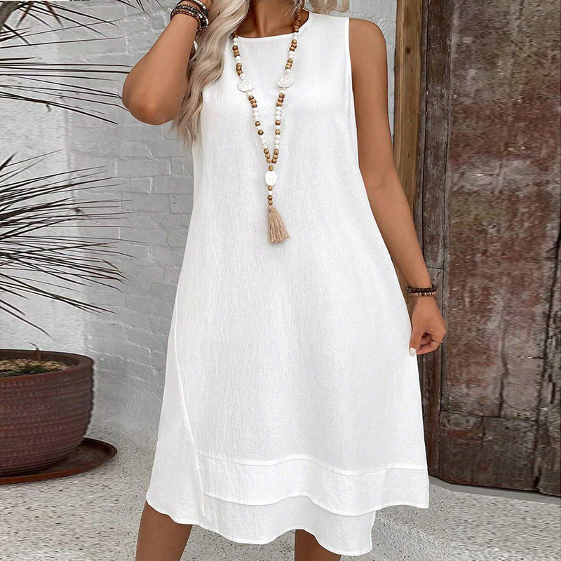 Womens Dress 2025 New Round Neck Solid Color Sleeveless Summer Plus Size Casual Elegant Dress