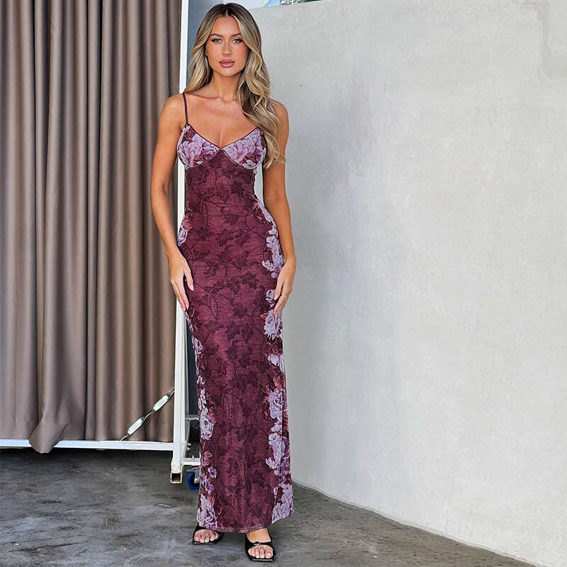 Summer New Women's Printed High-End Strap Dress Evening Gown B5