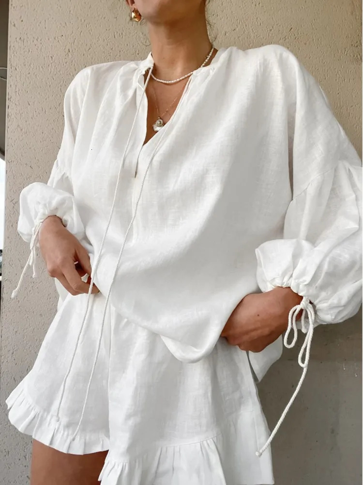 Women Casual Suits Fashion Two Pieces Sets Spring Summer Cotton Linen Loose Long Sleeve Drawstring Blouse Ruffles Shorts Set 250614