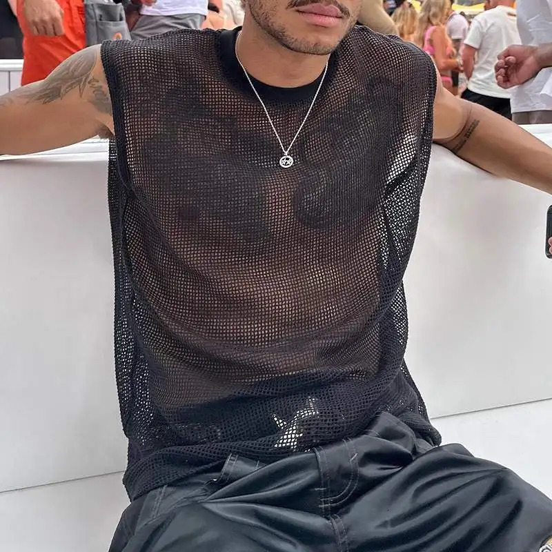 Summer Mens Clothing Knit Hollw Out Tank Tops O Neck Sleeveless Mesh Sexy Solid Color Party Vest Breathable Knitwear 250619