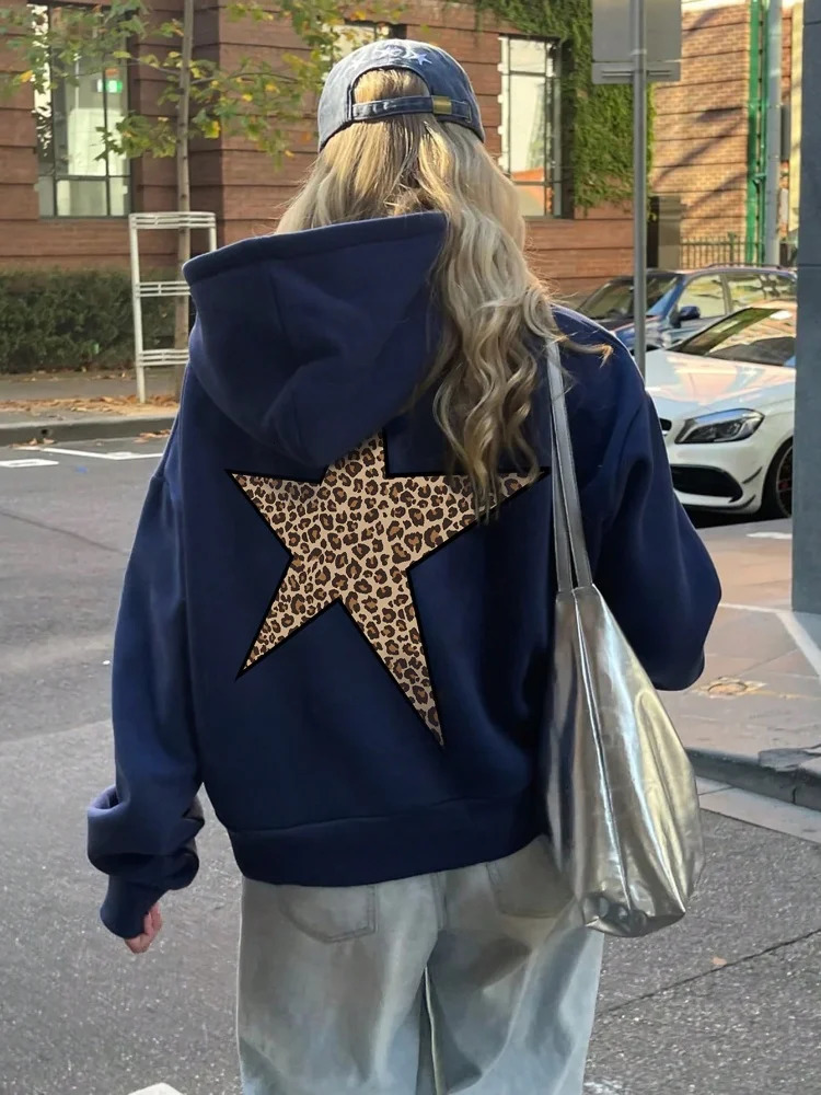 womens leopard print pentagram print pullover casual sports hoodie loose and comfortable jacket top 250614