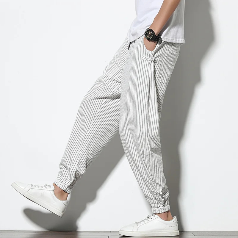 Spring Summer Disc Buckle Striped Harem Pants Mens Breathable Cotton Linen Pencil Pants Buckle Casual Bloomers Fashion Trousers250616