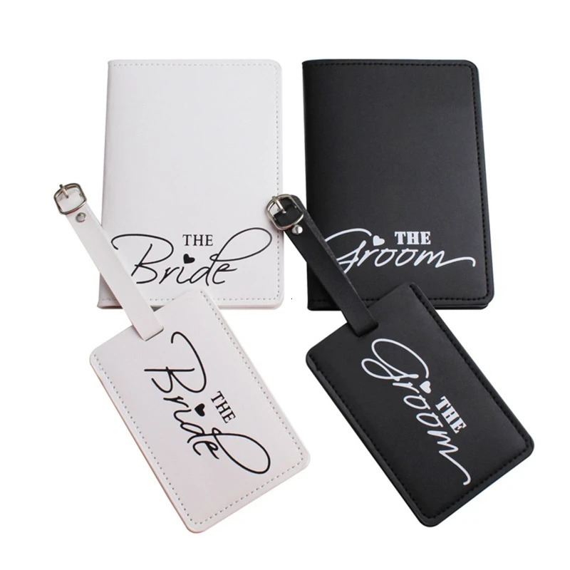 1Set PU Leather Luggage Bag Tag Bride Groom Passport Case Cover for Couples Honeymoon Travel Organizer 250614