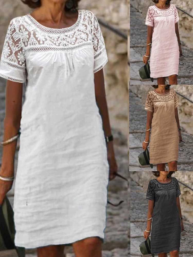 Women Lace Blouse Loose Dress Summer Female O-Neck Short Sleeve Lace Patchwork Cotton Linen Mini Party Dresses ZYYX-8799 250614