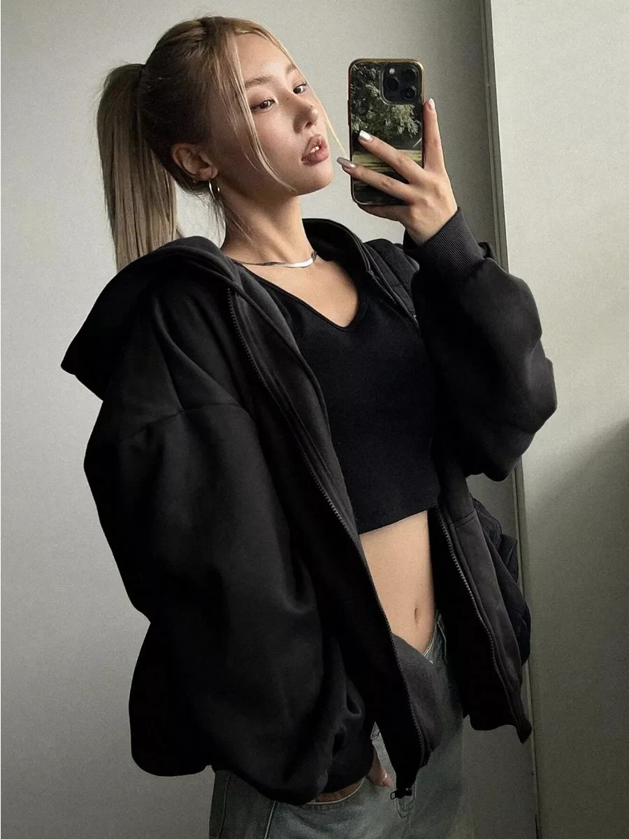 Womens Long Sleeve Oversized Zip Up Hooded Sweatshirt Y2k Loose Streetwear Black Solid Fleece Zip Hoodie 250614