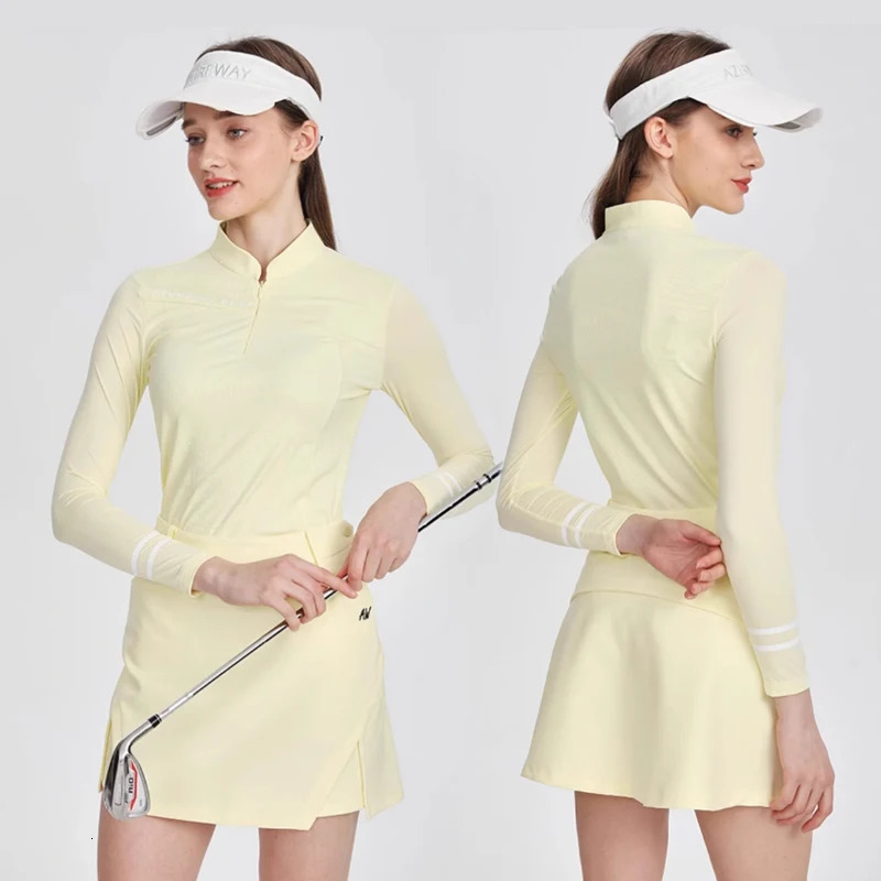2026 AW Womens Stand Up Collar Ice Silk Long Sleeved T Shirt Spring Summer Sunscreen Top Casual Sports outdoor Skirt Golf Set 250619 Free Shipping