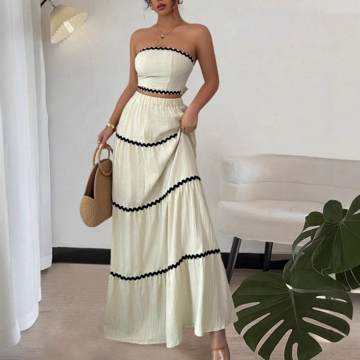 2025 New Summer Vacation Casual Elegant Lace Strapless Long Dress Two-Piece Set