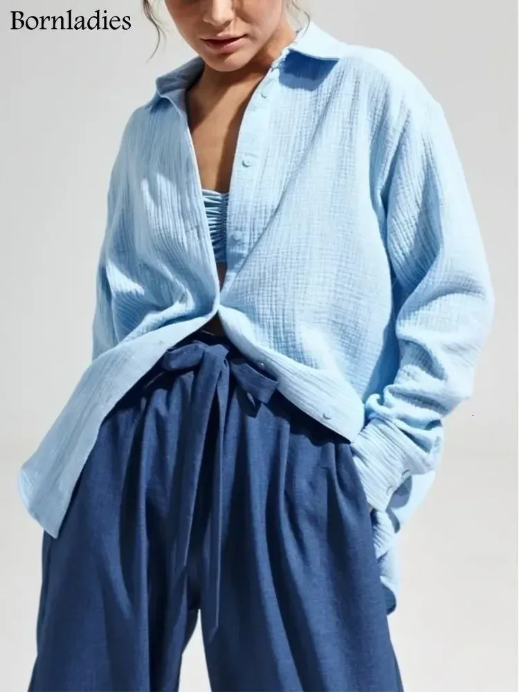 Bornladies 2025 Womens Spring Summer 100% Cotton Shirts Office Lady Fashionable Solid Lady Long Sleeve Loose Tops Crepe Shirts 250619