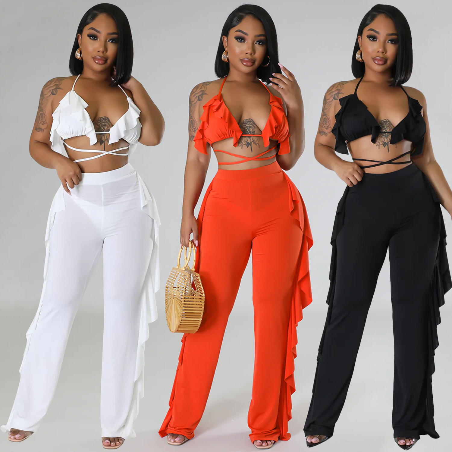 Z2045 Summer New Womens Solid Color Sexy Lace Swimsuit Bikini Three Piece Set