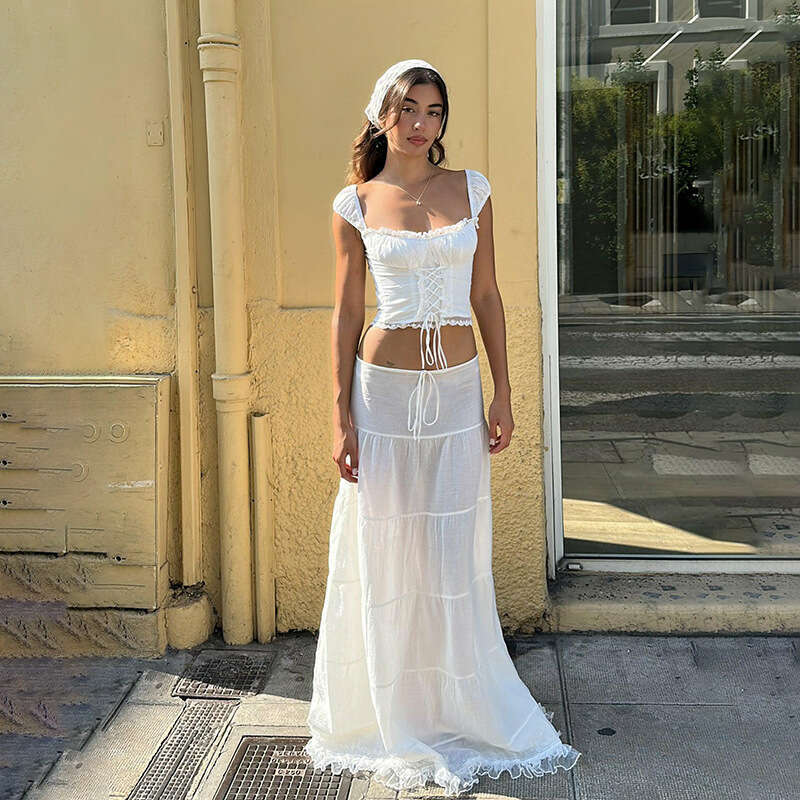 Summer New Women's French Style Square Neck Strap Top With Lace Patchwork Skirt Vacation Set For Women B5
