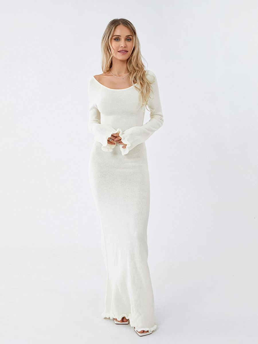 Womens Autumn Winter Knitted Bodycon Dress Long Sleeve Tie Backless Round Neck Solid Color Ruffle Trim Long Dress Beachwear250616