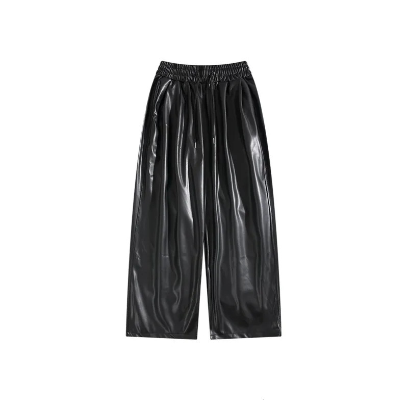 Chic Leather Pants High Street Trendy Drawstring Elastic Waist Straight Wide Leg Trousers Summer Hip Hop Trouser Male Clothing 250614