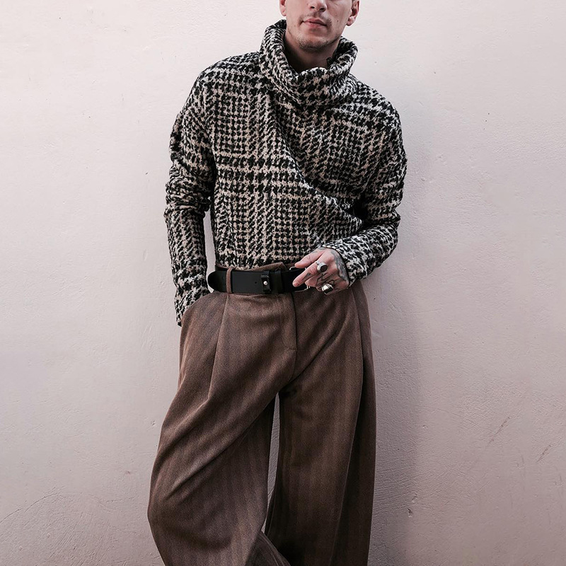 mens sweater with casual street style retro knitted texture asymmetric turtleneck luxurious feel comfort and warmth