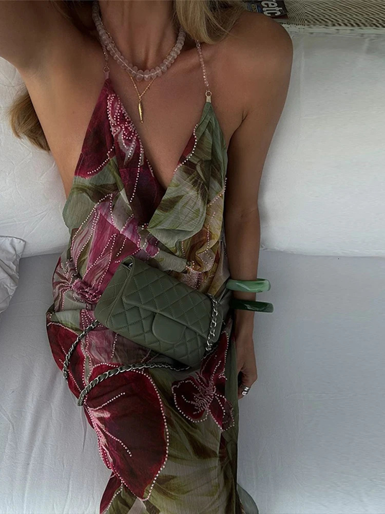 Sexy Printed V-neck Halter Long Dresses Women Retro Sleeveless Backless Side Slit Beach Dress Female Fashion High Street Holiday 250616