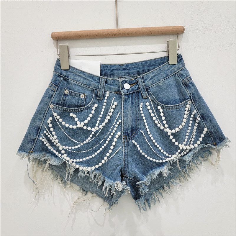 Denim shorts for women 2025 summer new high waist slimming heavy industry rhinestone tassel fringed wide leg hot pants