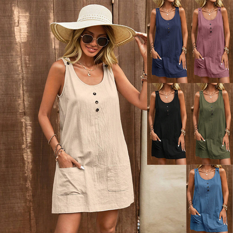 2025 Summer New U-Neck Solid Color Sleeveless Strap Pouch Mid-Length Dress for Women Cotton