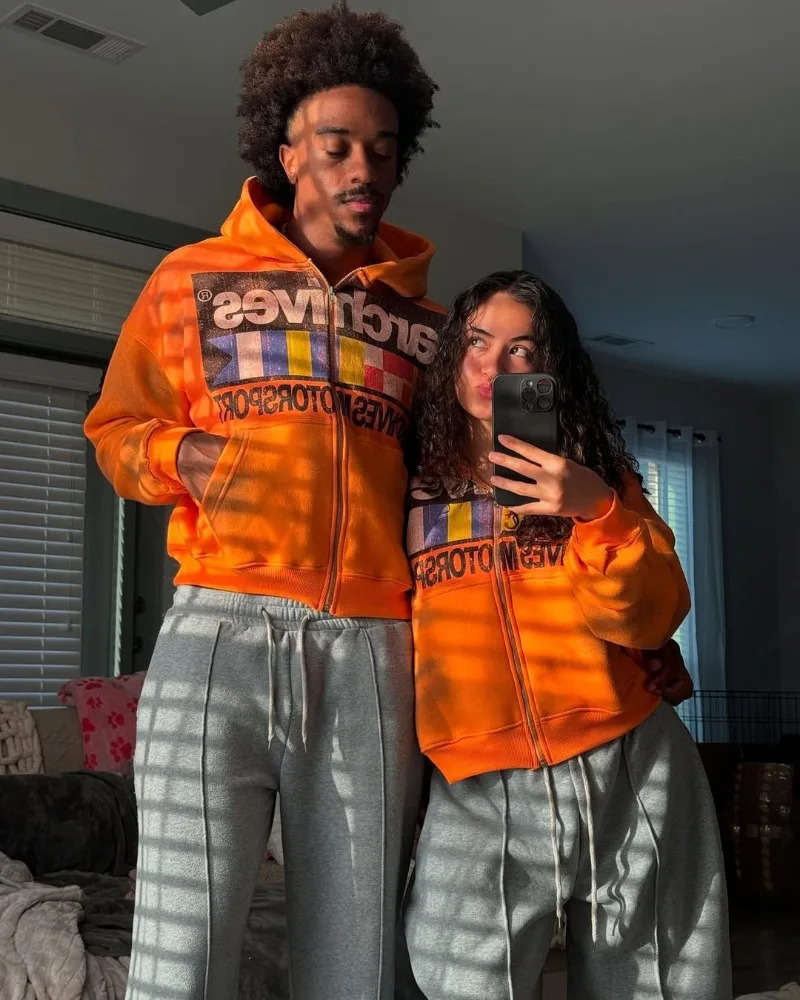 American Retro Casual Versatile Letter Print Oversized Zipper Hoodie Men Y2k Hip-hop High Street Trendy Sweatshirt Women 250618