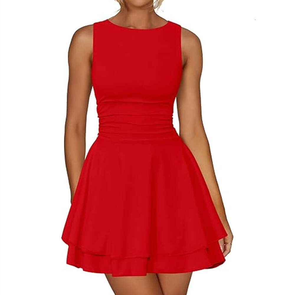 Sleeveless Round Neck Waist Pleated Double Layer Hem Solid Color Basic Slim Fit Dress For Women B5