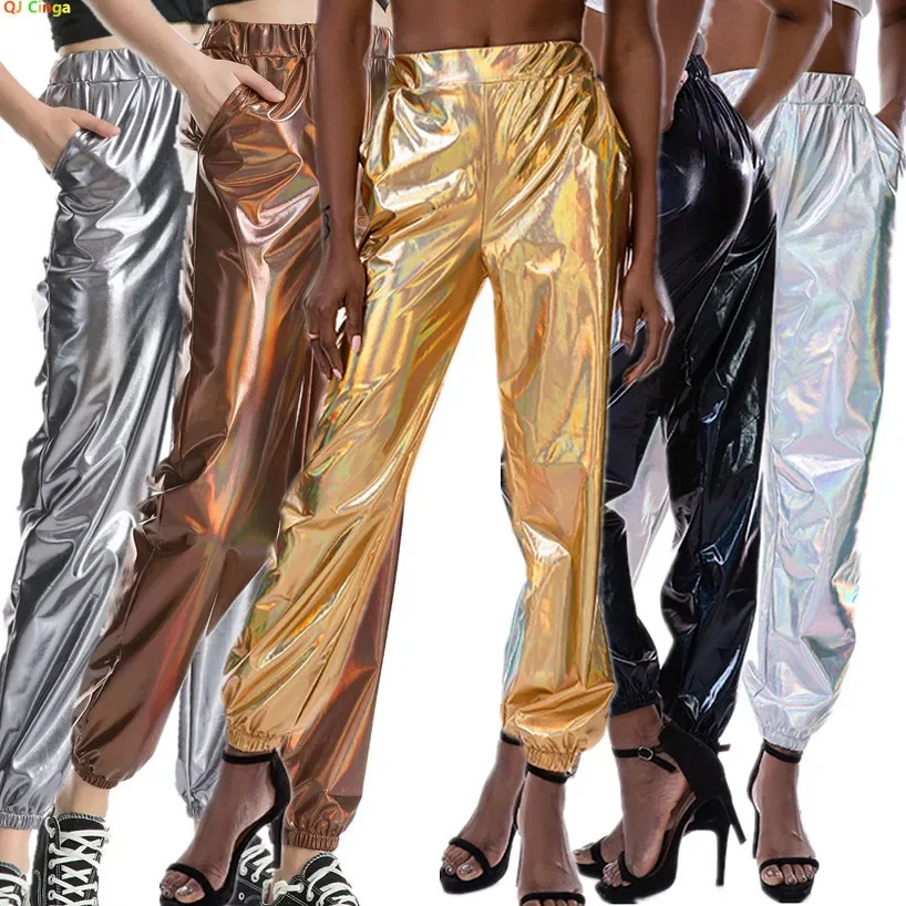 Women Shiny Glittery Street Hip-hop Party Sparkly Long Pants Loose Casual Sports Trousers Green Gold Silver Black Optional 250614