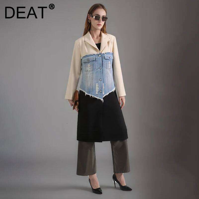 DEAT Fashion Contrast Color Denim Patchwork X-long Blazer Women's Lapel Loose Single Breasted Long Sleeves Suit Jacket New