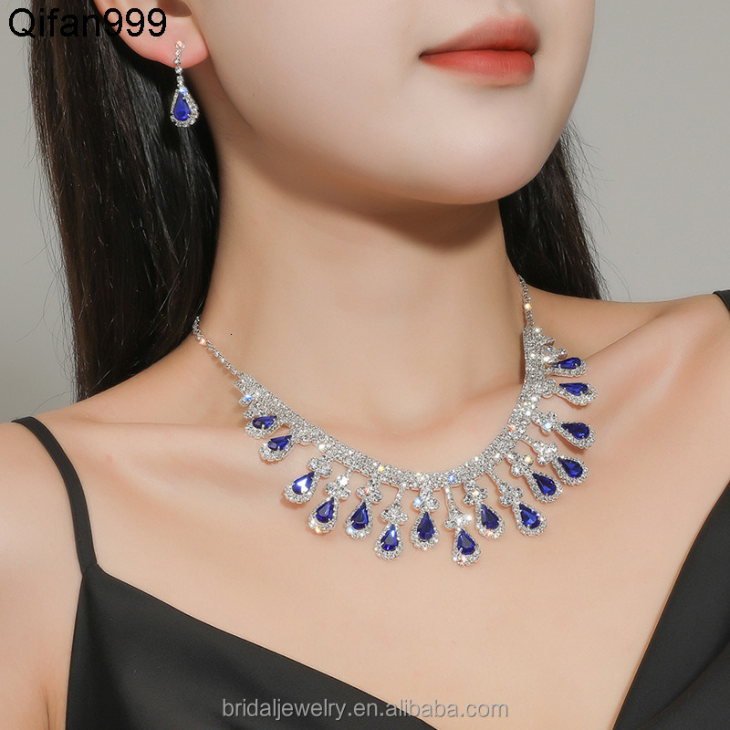 European and American Best Selling Bride Necklace Earrings Set Fashionable Colorful Crystal Rhinestone Collarbone Chain Jewelry