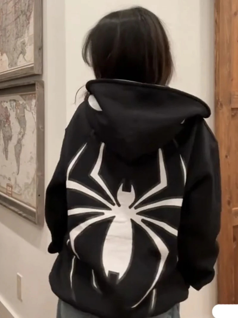 Y2k Spider Hoodies Women Men Hip Hop Zip Up Long Sleeve Jacket Graphic Punk Coats Harajuku Casual Loose Hooded Shirt Sweatshirt 250617