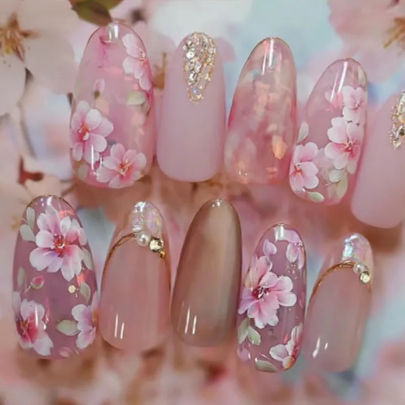24Pcs Peach Blossom Press on Nails Cats Eye Nude Glitter False Nail for Women Girl Spring and Summer Detachable Wearable Nail 250611