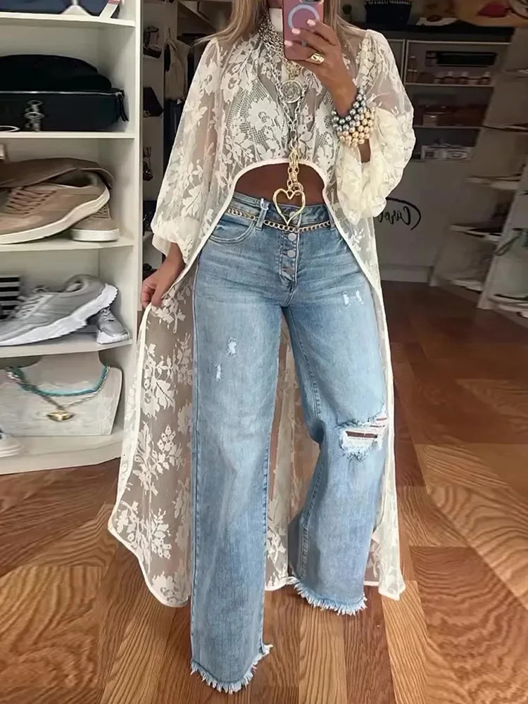 Half High Collar Long Sleeve Sexy Lace Blouse Women Spring Summer Loungewear Vintage Solid Tops Loose Fit Ladies Casual Shirts 250616