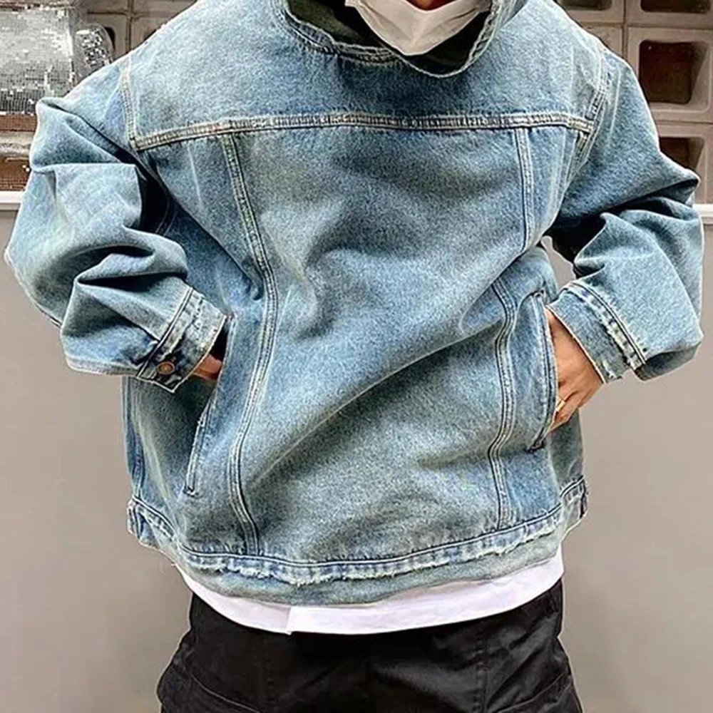 Mens Autumn Winter Fashion Denim Washed Distressed Retro Hoodie Genderless Street Fashion Casual Loose Denim Sweatshirt Unisex 250614