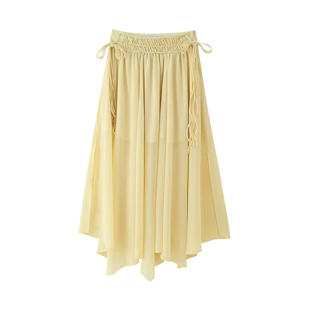 UNIZERA womens stylish and fashionable rope embellished chiffon skirt summer solid color slim fit long skirt 250619