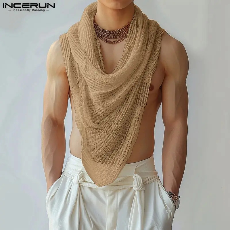 INCERUN Men Irregular Tank Tops Solid Color Turtleneck Sleeveless Transparent Vests Summer Streetwear Fashion Men Clothing 250619
