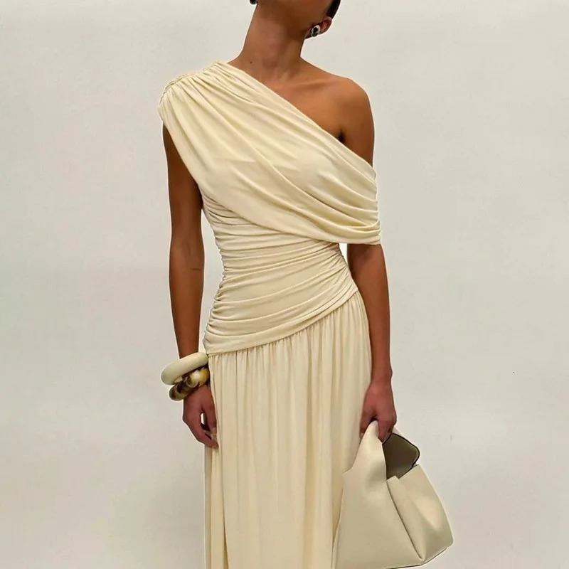 Summer Banquet Solid Color Pleated Long Dress Fashion Slim High Waist Evening Party Dress Women Shawl Sleeve Slash Collar Dress 250616