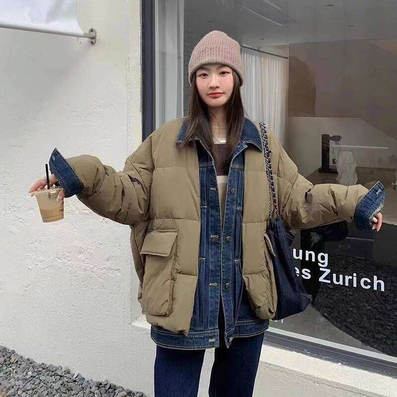 Women's Jacket with Lapel, Loose, Warm, Denim, Patchwork, High Street, Short Down Coats, Thickened, Winter, Trend