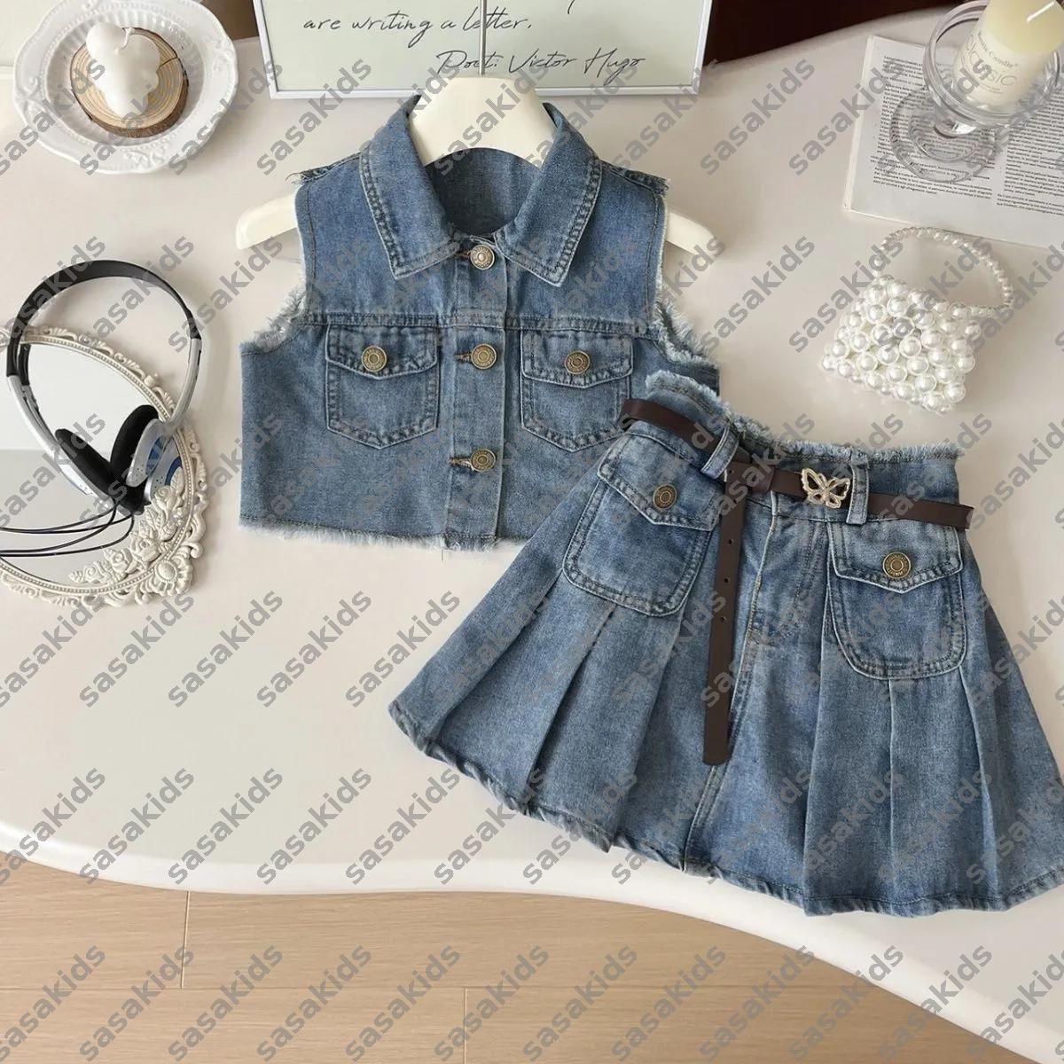 Luxury Girls Denim Skirt Set Designers Kids Dresses Set Baby Skirt Dress Cute Sleeveless Vest Tops Skirt Gift Belt Two-piece Set DSG2504291
