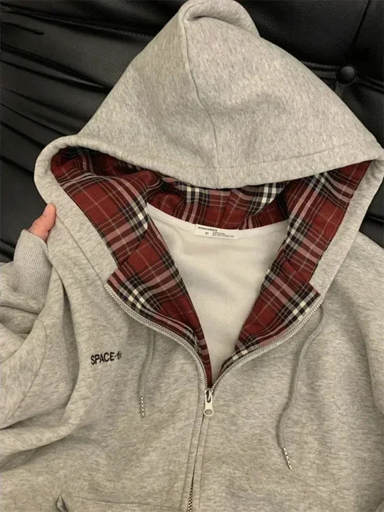 Vintage Plaid Patchwork Hoodies Women Gray 90s Retro Sweatshirt with Zipper Oversized Streetwear Autumn Winter Clothes 250614